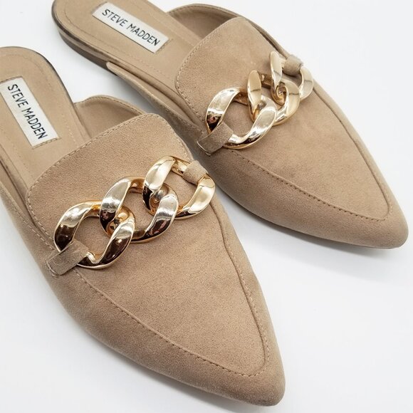 Steve Madden Finely Tan Beige Pointed Toe Gold Chunky Chain Slip On Mules  9.5 - Picture 9 of 15